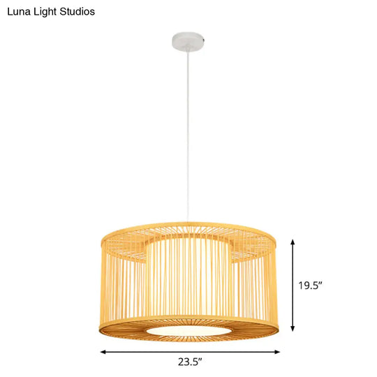 Asia Beige Bamboo Pendant Light For Kitchen Bar - 1-Light Pendulum With Drum Shade Multiple Width