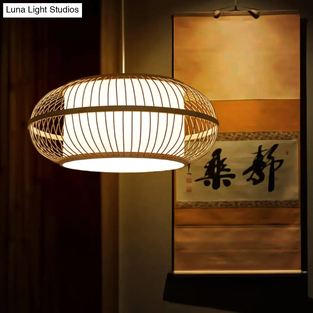 Asia Beige Bamboo Lantern Ceiling Lamp - Restaurant Hanging Light Fixture