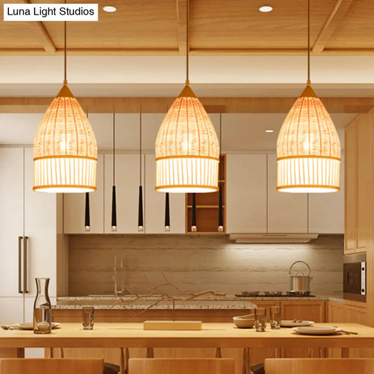 Asia Beige Bamboo Pendant Ceiling Light For Dining Room With Elongated Shade