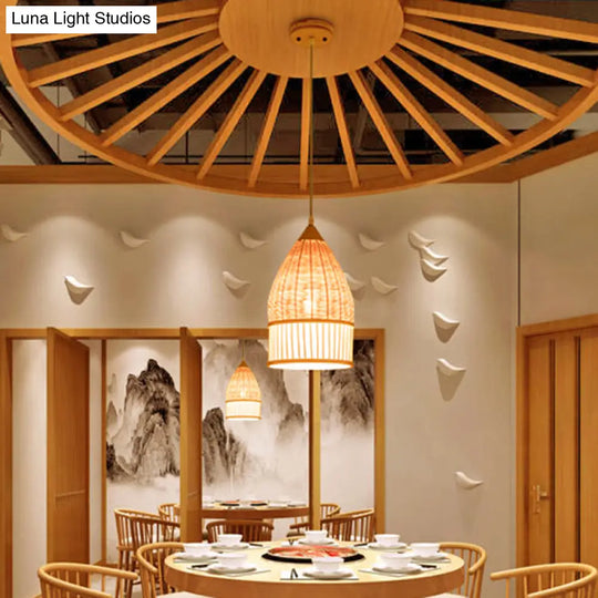 Asia Beige Bamboo Pendant Ceiling Light For Dining Room With Elongated Shade