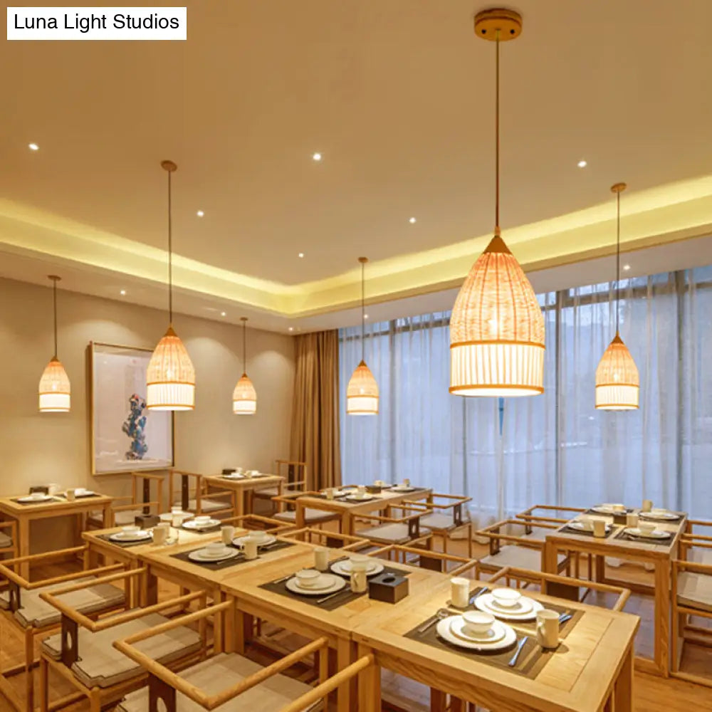 1-Light Asia Beige Pendant Lamp With Bamboo Shade For Dining Room Ceiling