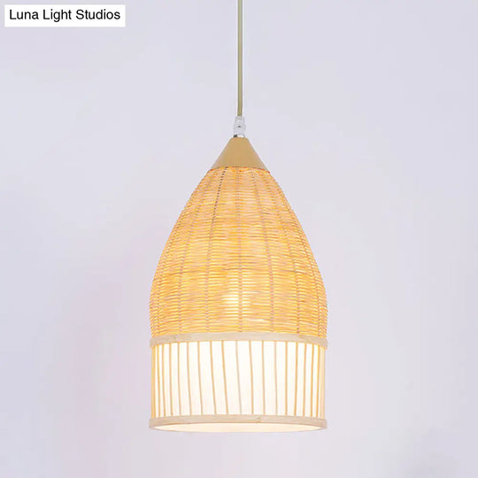 Asia Beige Bamboo Pendant Ceiling Light For Dining Room With Elongated Shade