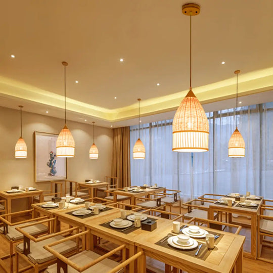 Asia Beige Bamboo Pendant Ceiling Light For Dining Room With Elongated Shade