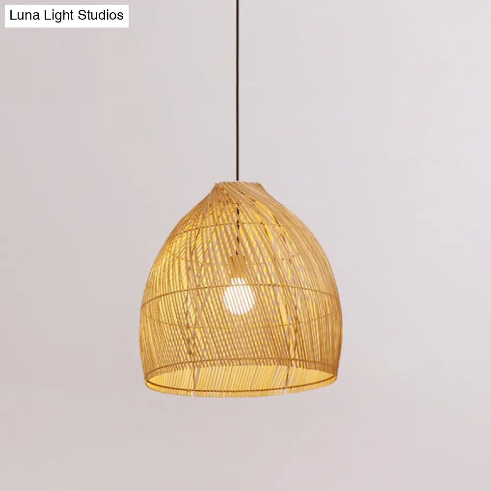 Asia Beige Dining Room Ceiling Lamp With Bamboo Shade - Hanging Pendant Light