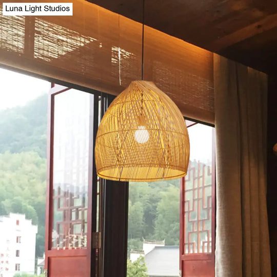 Asia Beige Dining Room Ceiling Lamp With Bamboo Shade - Hanging Pendant Light