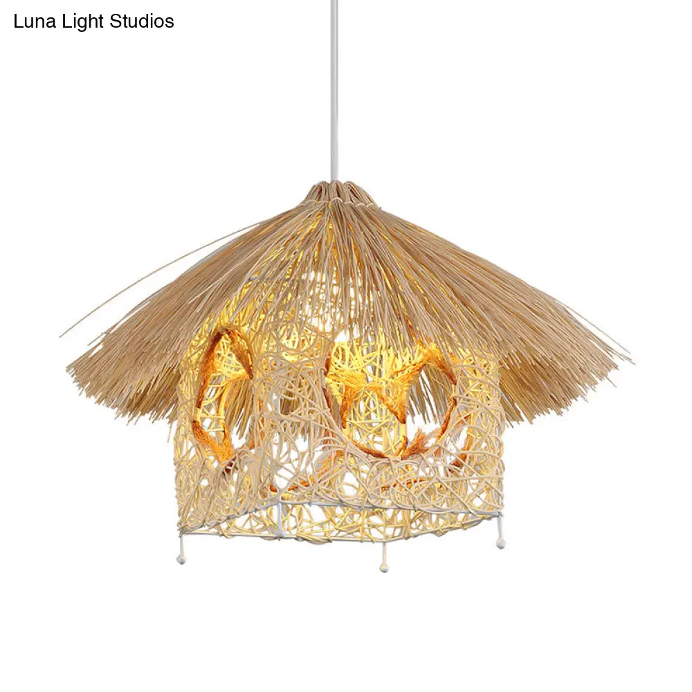 Asia Beige Hanging Lamp With House Bamboo Shade - Living Room Pendant Light