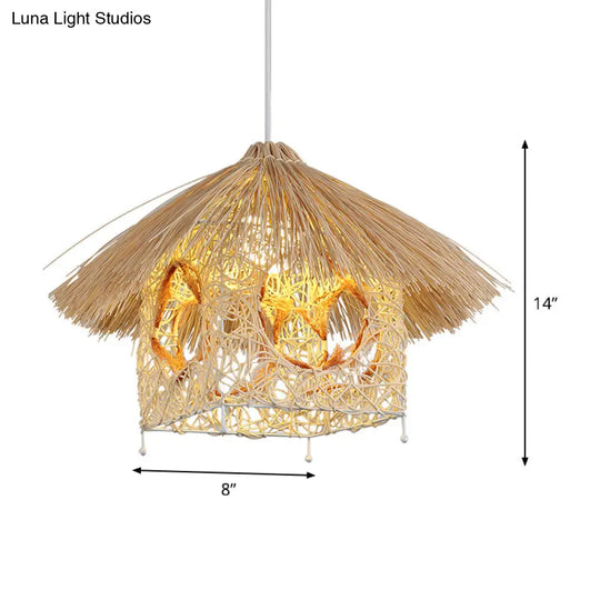 Asia Beige Hanging Lamp With House Bamboo Shade - Living Room Pendant Light