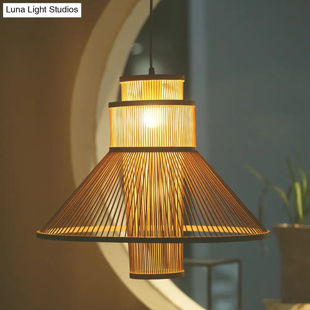 Asia Beige Living Room Pendant Light With Bamboo Shade Ceiling Suspension Lamp