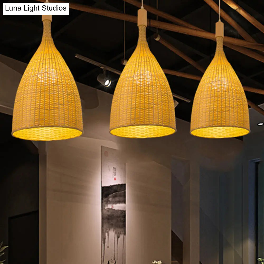 Asia Beige Pendant Light: Single Restaurant Suspension Lamp With Bamboo Funnel Shade