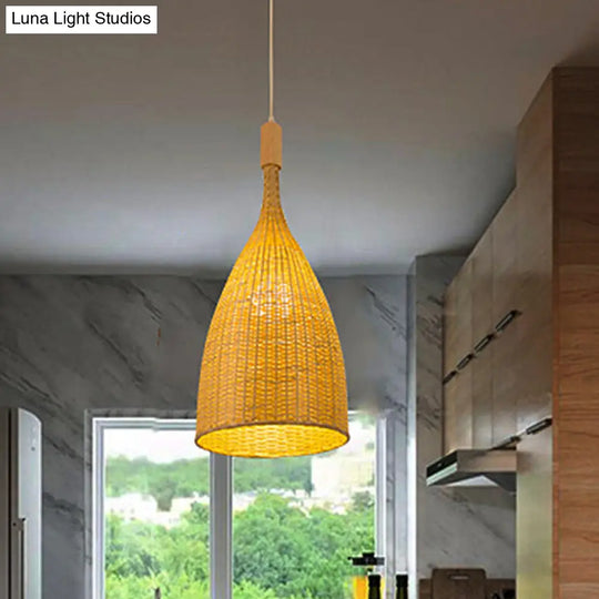 Asia Beige Pendant Light: Single Restaurant Suspension Lamp With Bamboo Funnel Shade