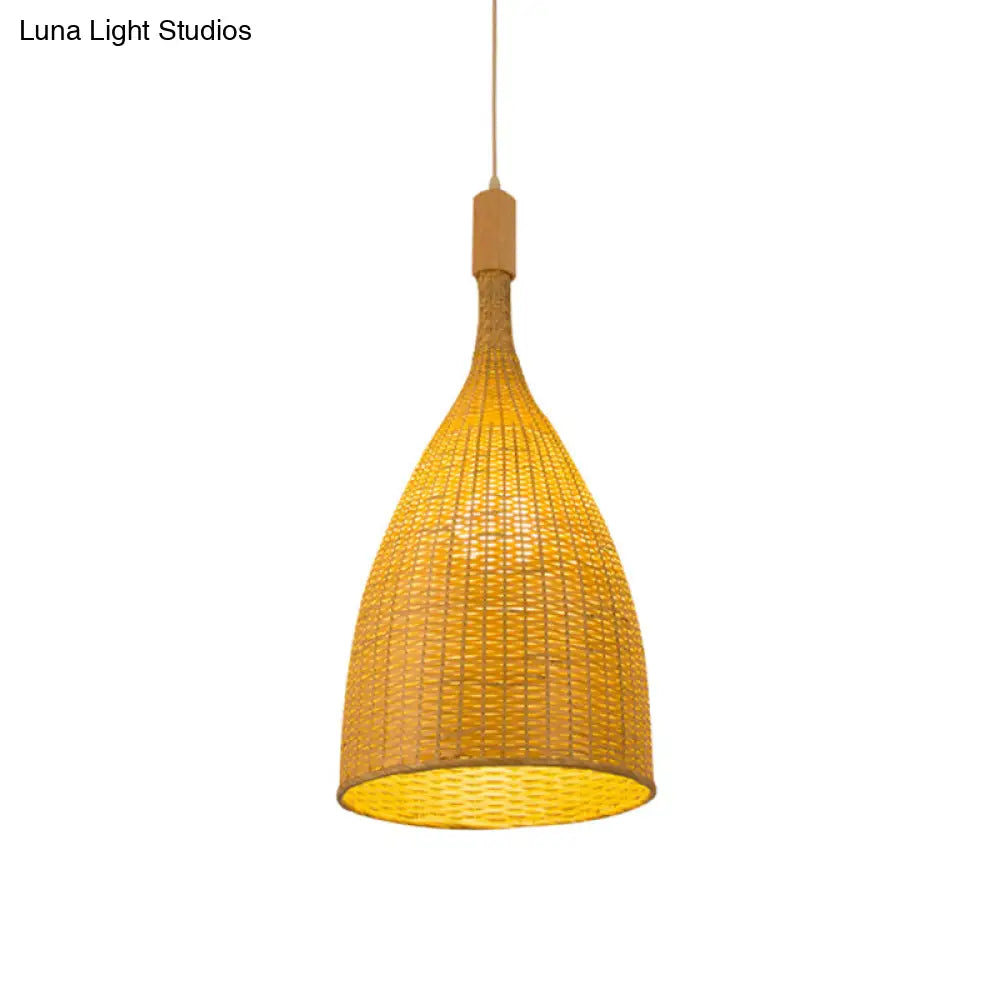 Asia Beige Pendant Light: Single Restaurant Suspension Lamp With Bamboo Funnel Shade