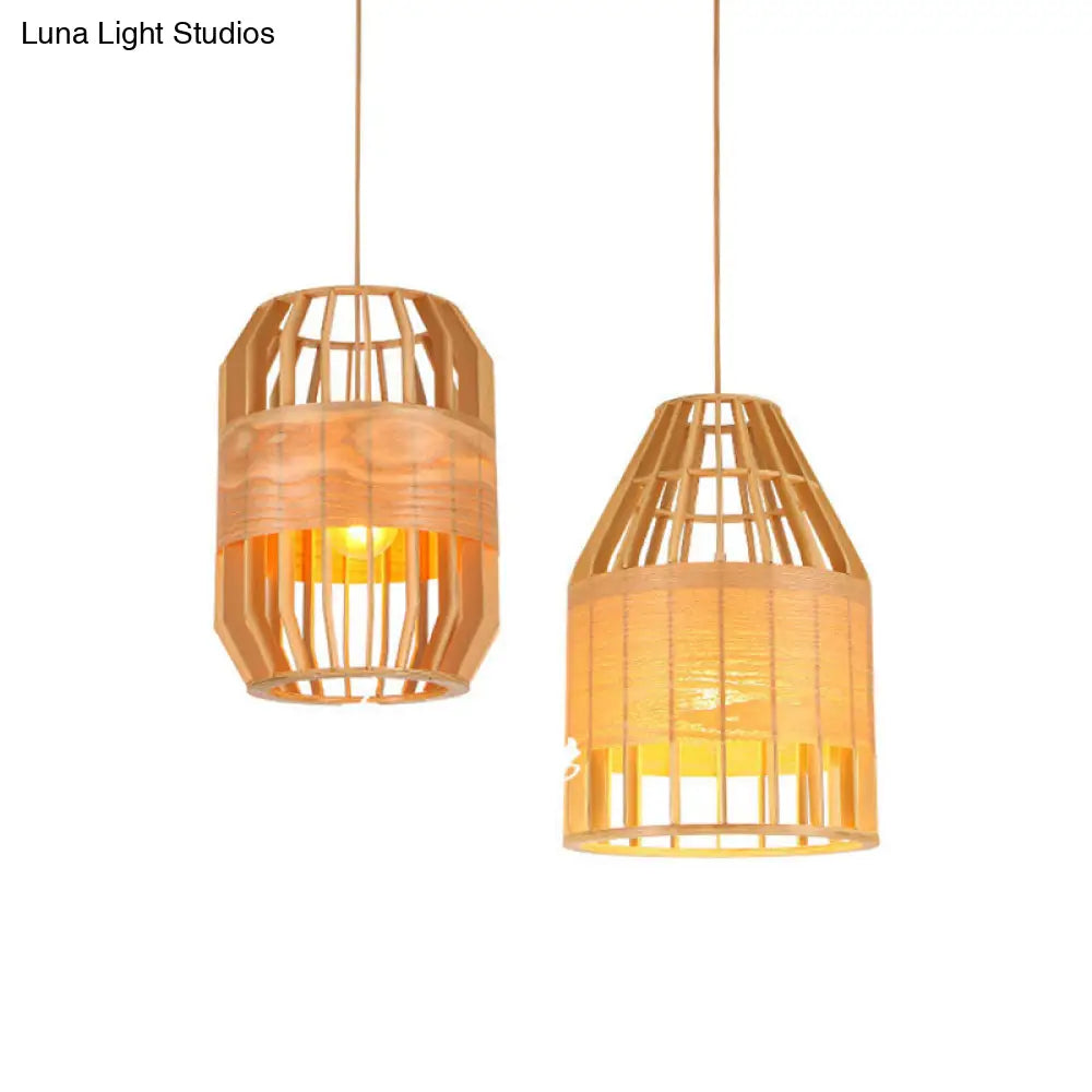 Asia Beige Wooden Pendant Light - Slatted Cage Design Single Bulb Suspended Fixture