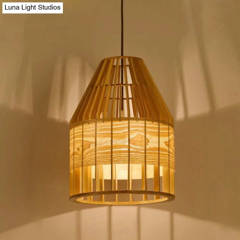 Asia Beige Wooden Pendant Light - Slatted Cage Design Single Bulb Suspended Fixture