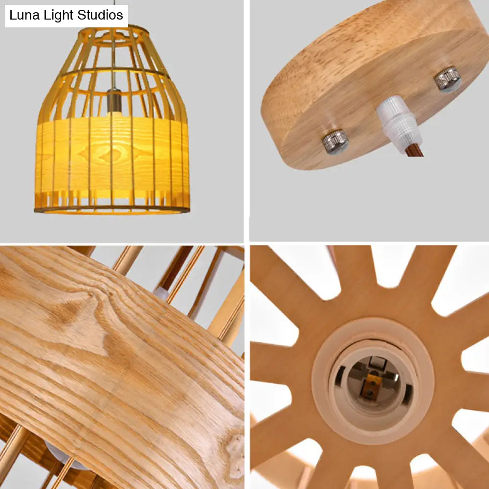 Asia Beige Wooden Pendant Light - Slatted Cage Design Single Bulb Suspended Fixture