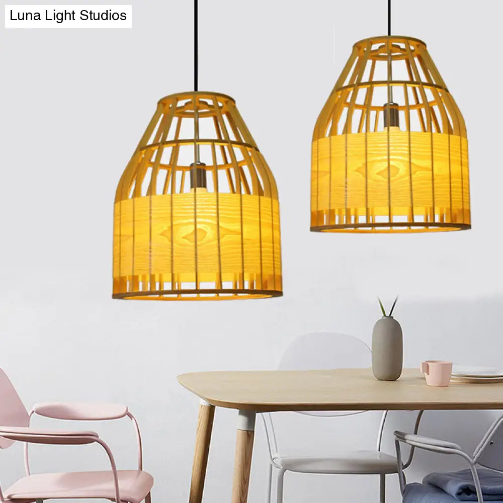 Asia Beige Wooden Pendant Light - Slatted Cage Design Single Bulb Suspended Fixture