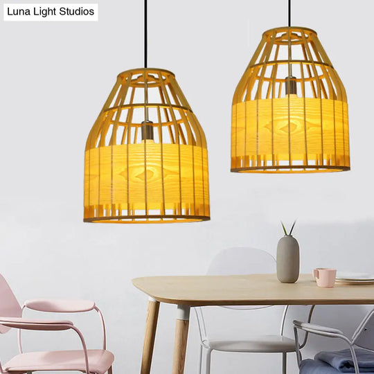 Asia Beige Wooden Pendant Light - Slatted Cage Design Single Bulb Suspended Fixture