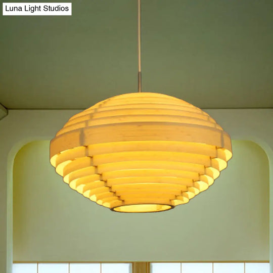 Asia Ceiling Lantern: Beige Wood Hanging Light Fixture For Living Room (1 Bulb)