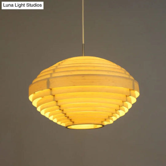 Asia Ceiling Lantern: Beige Wood Hanging Light Fixture For Living Room (1 Bulb)