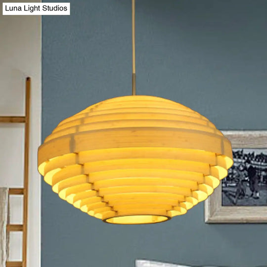 Asia Ceiling Lantern: Beige Wood Hanging Light Fixture For Living Room (1 Bulb)