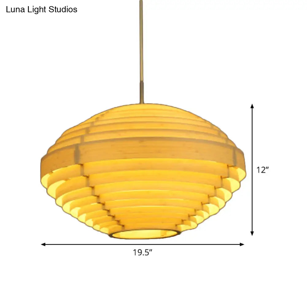 Asia Ceiling Lantern: Beige Wood Hanging Light Fixture For Living Room (1 Bulb)