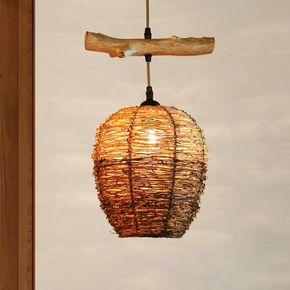 Asia Flaxen Pendant Lamp With Urn Rattan Shade - Stylish Hanging Ceiling Light For Restaurants