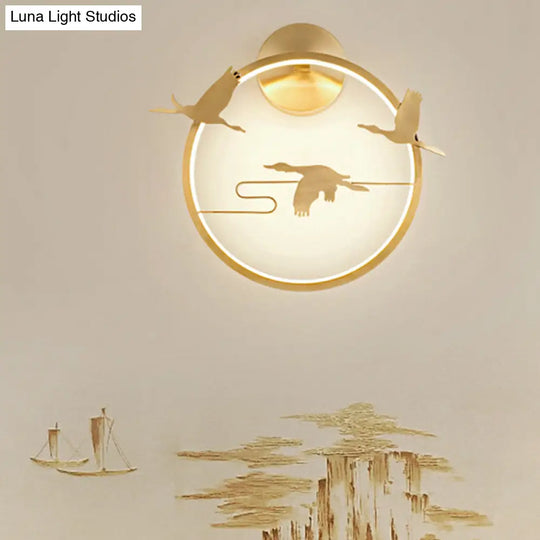 Asia-Inspired Round Crane Patterned Wall Mural Lamp: Metallic Led Lighting In Gold