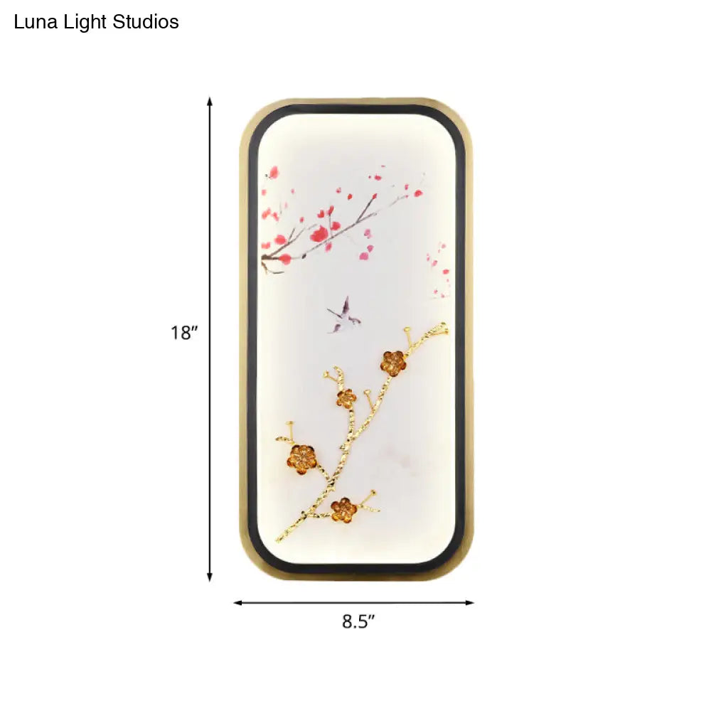 Asia Led Gold Wall Lamp With Plum Blossom Pattern - Metal Square/Rectangle Lighting Fixture