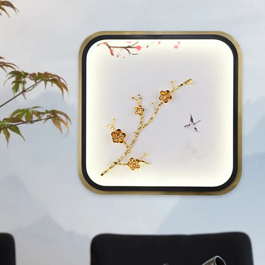 Asia Led Gold Wall Lamp With Plum Blossom Pattern - Metal Square/Rectangle Lighting Fixture / Square