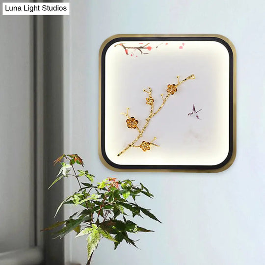 Asia Led Gold Wall Lamp With Plum Blossom Pattern - Metal Square/Rectangle Lighting Fixture