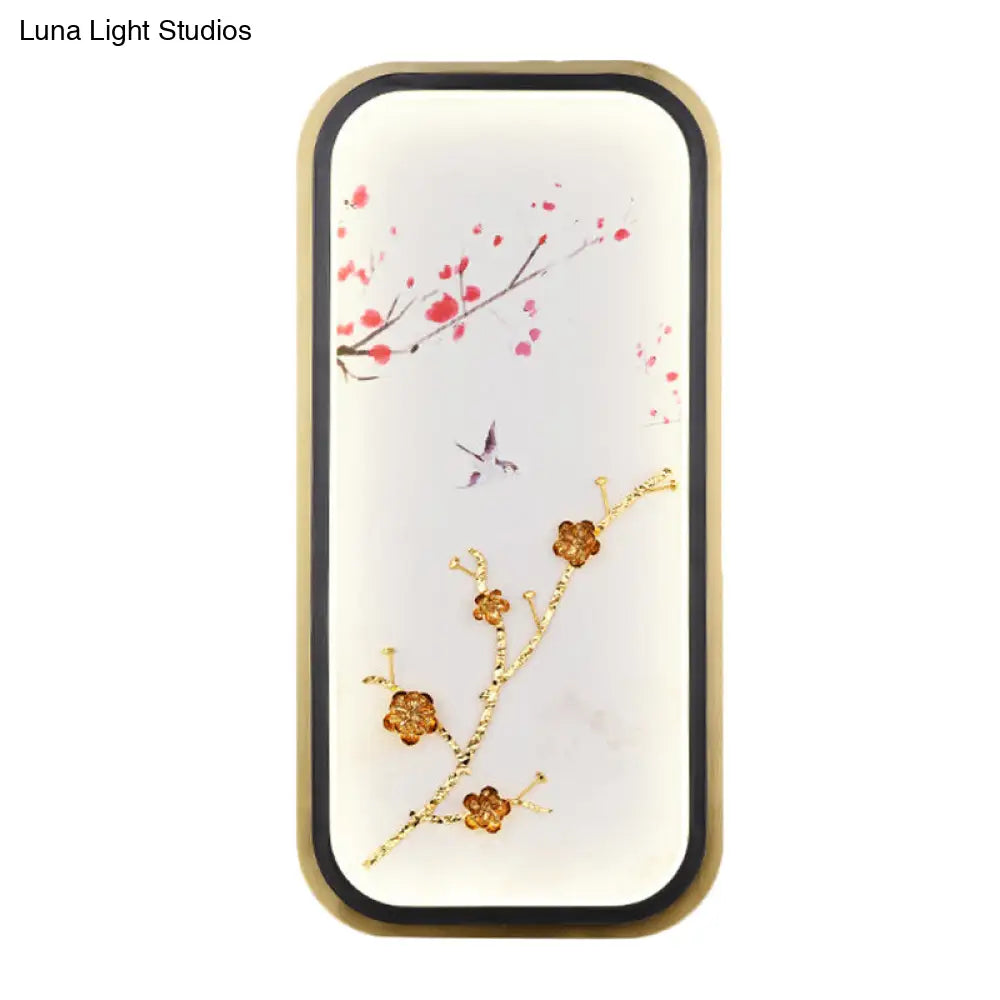 Asia Led Gold Wall Lamp With Plum Blossom Pattern - Metal Square/Rectangle Lighting Fixture