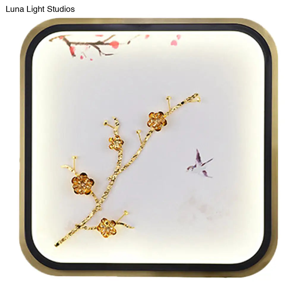 Asia Led Gold Wall Lamp With Plum Blossom Pattern - Metal Square/Rectangle Lighting Fixture