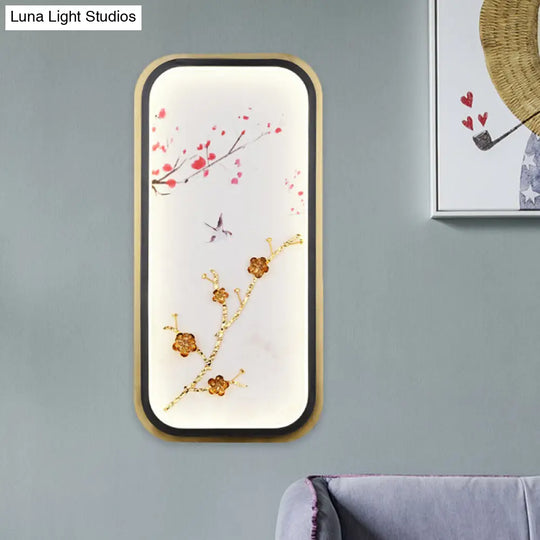 Asia Led Gold Wall Lamp With Plum Blossom Pattern - Metal Square/Rectangle Lighting Fixture