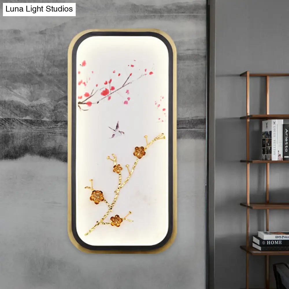 Asia Led Gold Wall Lamp With Plum Blossom Pattern - Metal Square/Rectangle Lighting Fixture