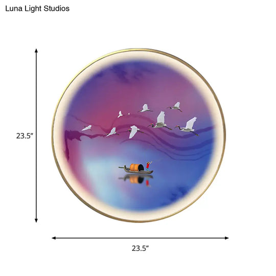 Asia Led Metallic Wall Lamp: Purplish Blue Circular Mural Light With Elegant Crane And Boat Pattern