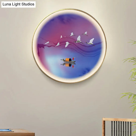 Asia Led Metallic Wall Lamp: Purplish Blue Circular Mural Light With Elegant Crane And Boat Pattern