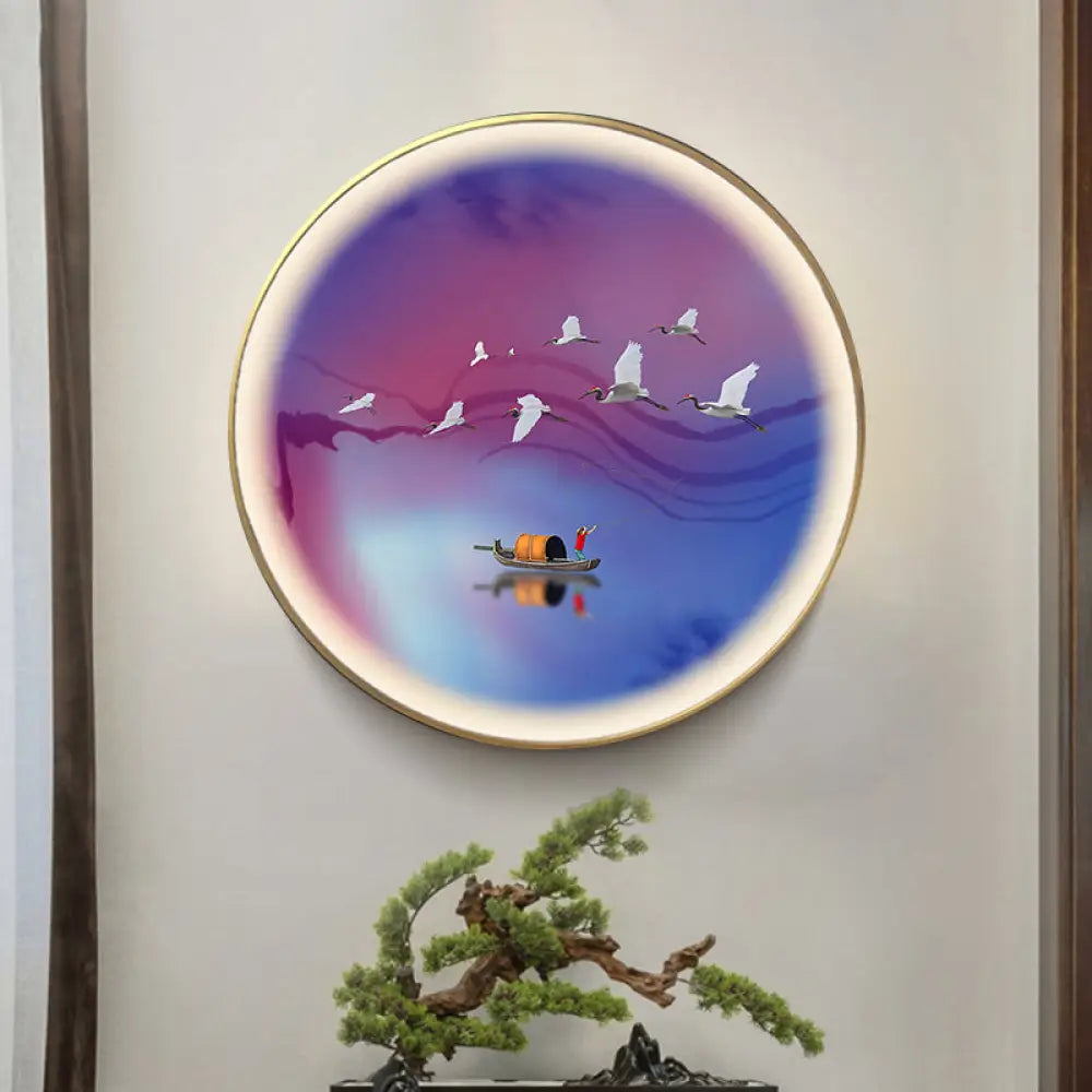 Asia Led Metallic Wall Lamp: Purplish Blue Circular Mural Light With Elegant Crane And Boat Pattern