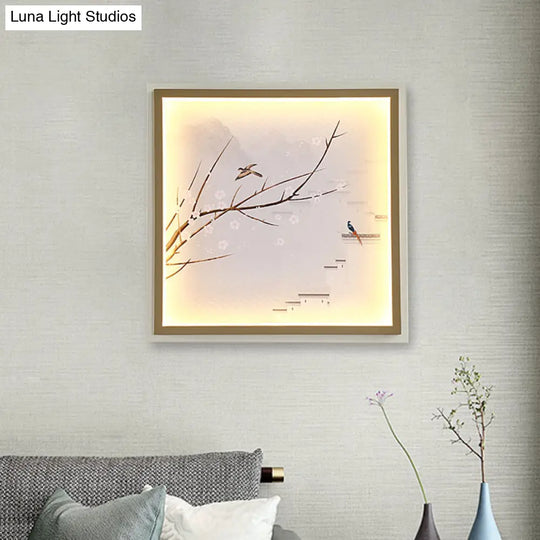 Asia Led Mural Light In Gold/Khaki With Fabric Shade - Sconce Lighting Lake And Flower Branch