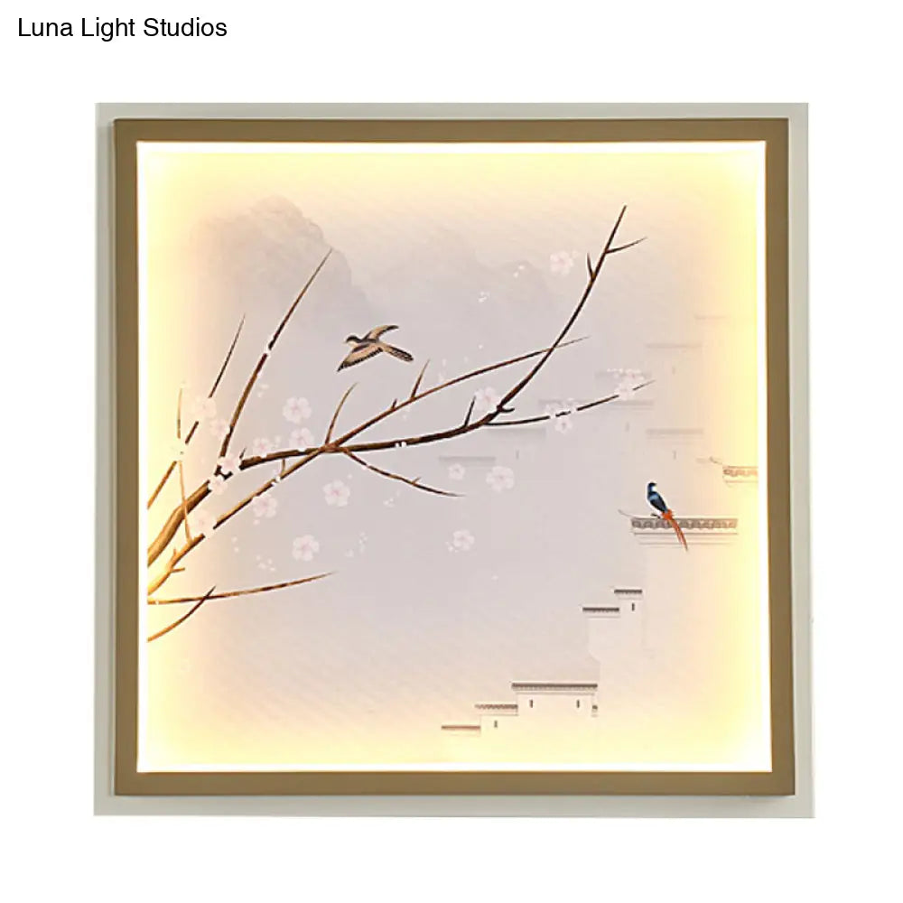 Asia Led Mural Light In Gold/Khaki With Fabric Shade - Sconce Lighting Lake And Flower Branch