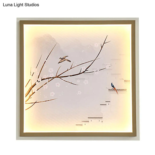 Asia Led Mural Light In Gold/Khaki With Fabric Shade - Sconce Lighting Lake And Flower Branch