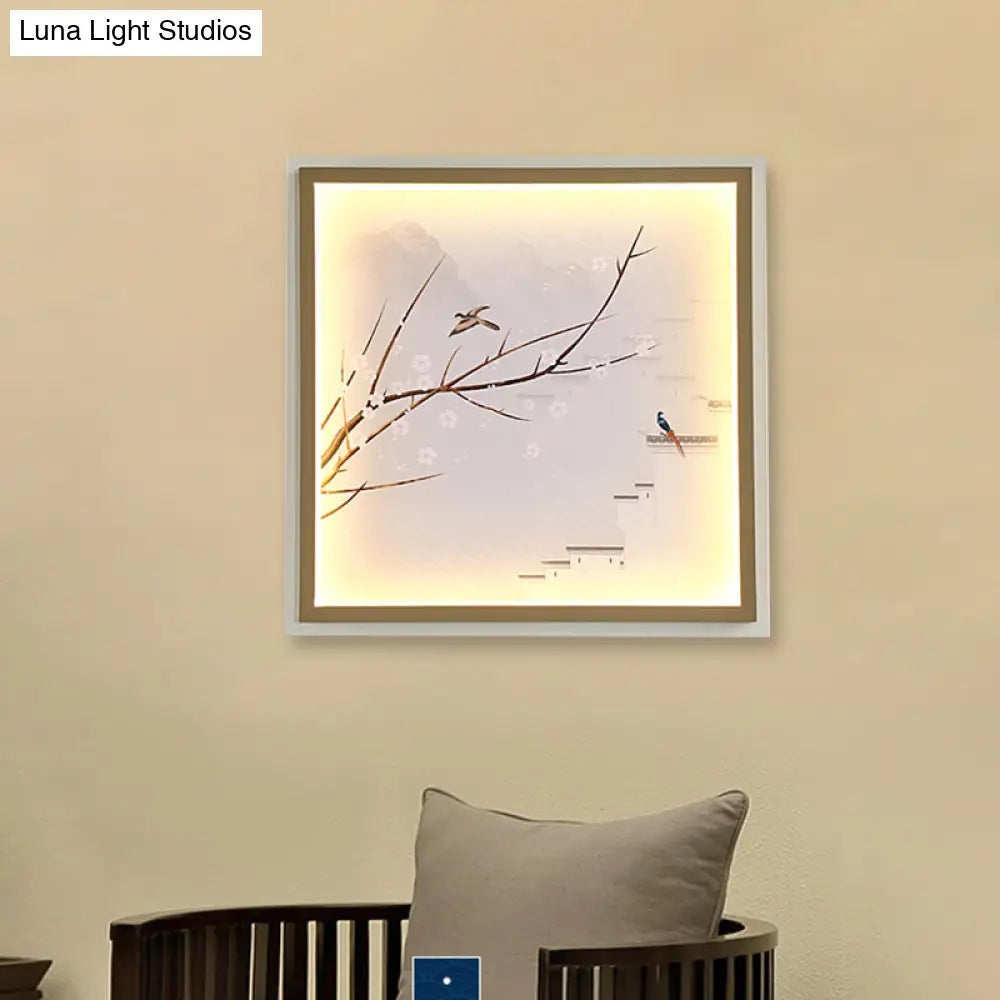 Asia Led Mural Light In Gold/Khaki With Fabric Shade - Sconce Lighting Lake And Flower Branch