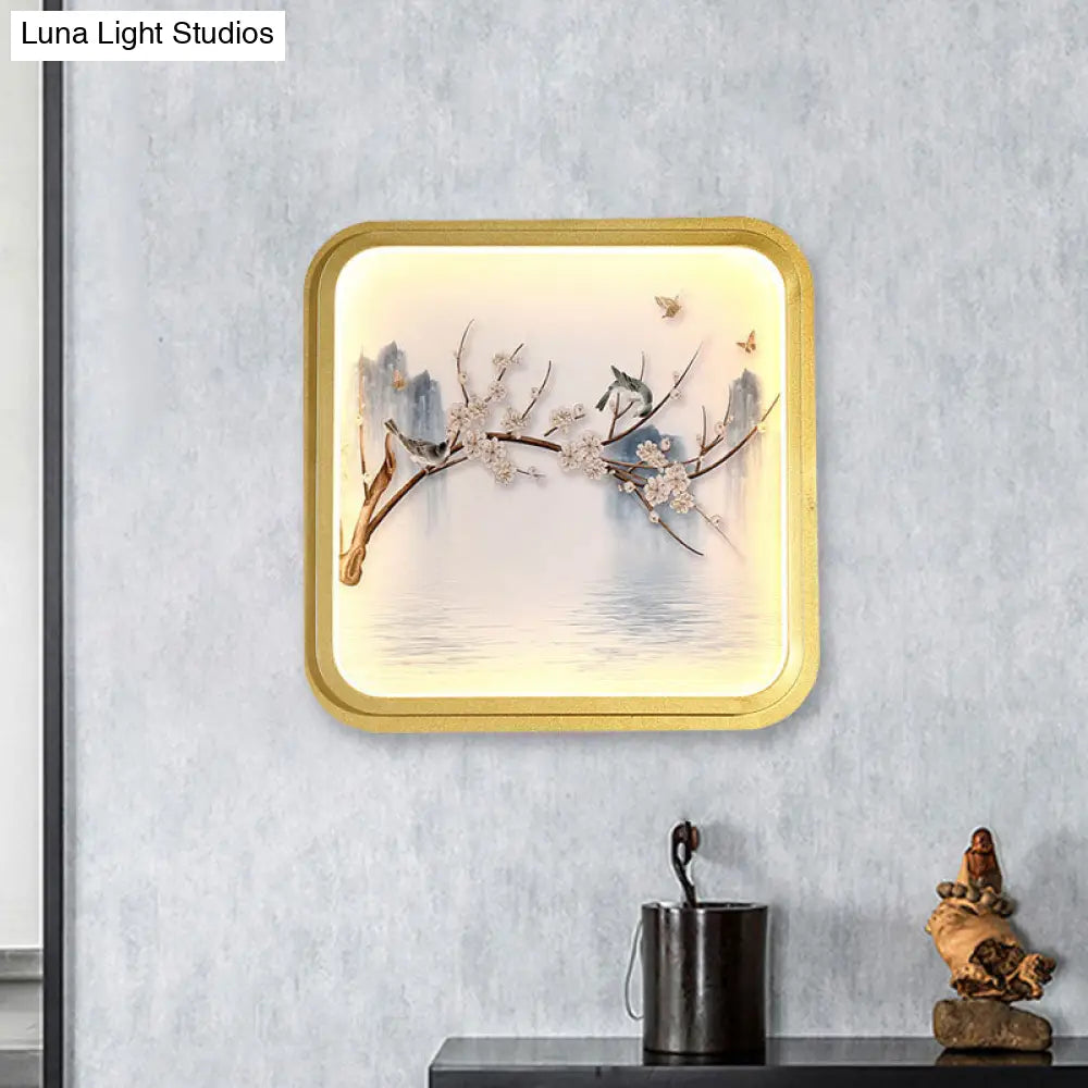 Asia Led Mural Light In Gold/Khaki With Fabric Shade - Sconce Lighting Lake And Flower Branch