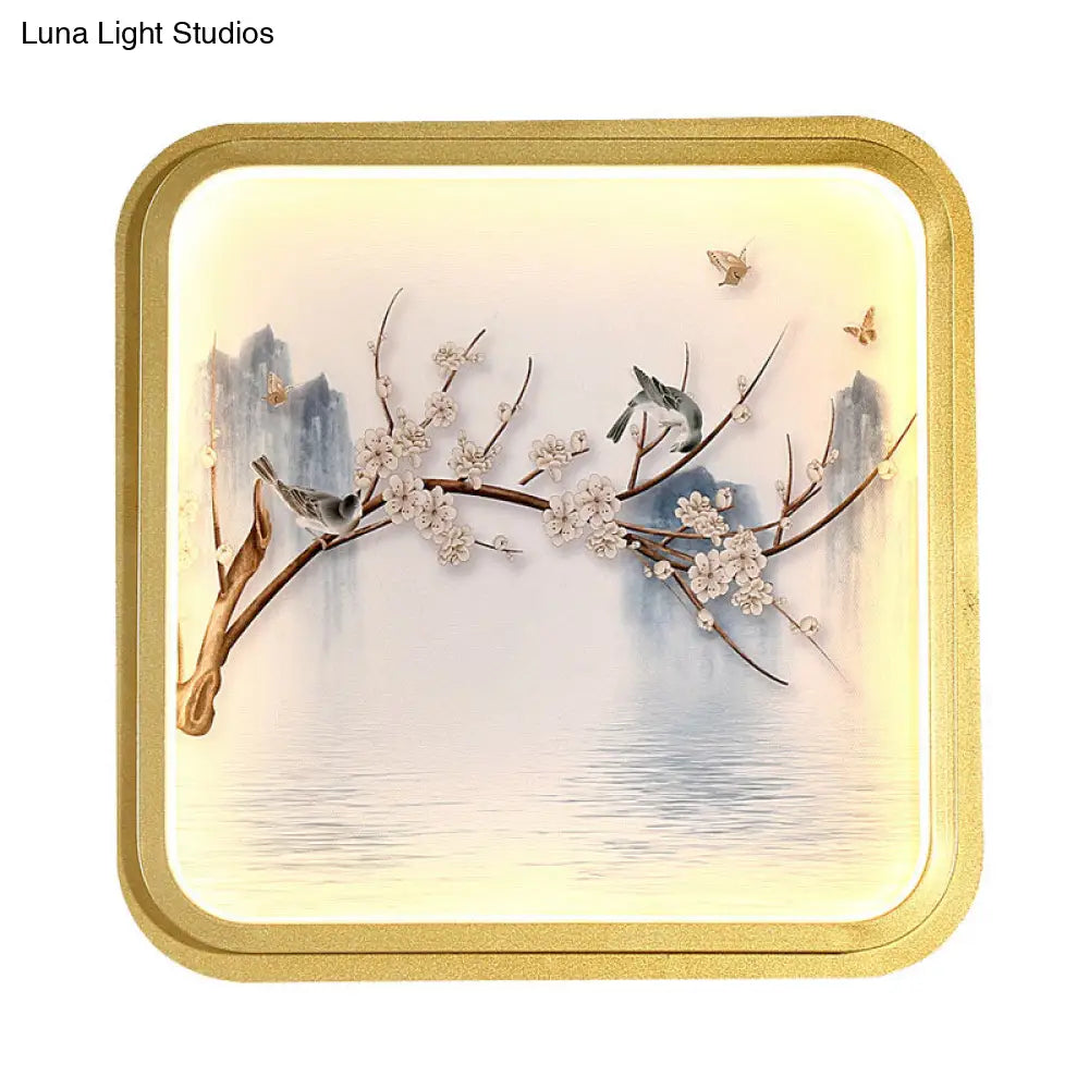 Asia Led Mural Light In Gold/Khaki With Fabric Shade - Sconce Lighting Lake And Flower Branch