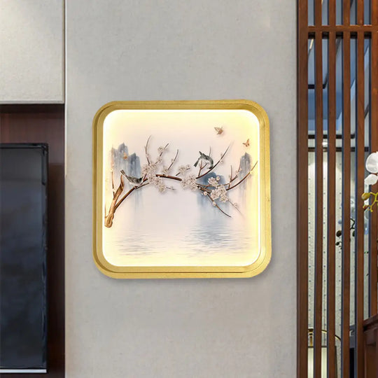 Asia Led Mural Light In Gold/Khaki With Fabric Shade - Sconce Lighting Lake And Flower Branch