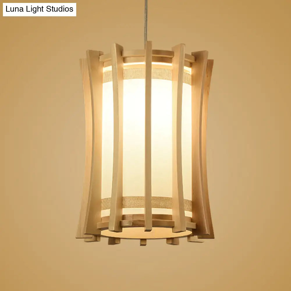 Asia Pvc Pendant Light Fixture: Cylindrical Ceiling Lamp With Wood Cage And Beige Finish