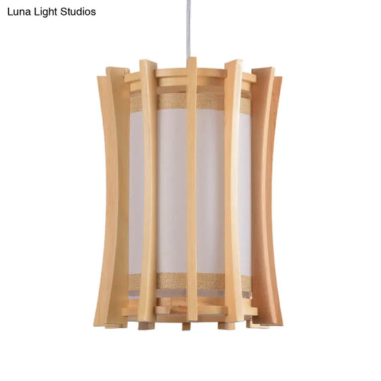 Asia Pvc Pendant Light Fixture: Cylindrical Ceiling Lamp With Wood Cage And Beige Finish