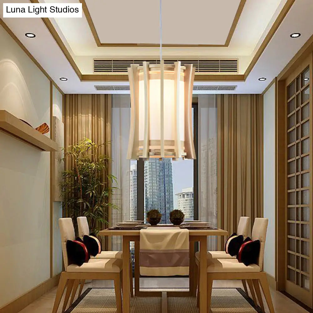 Asia Pvc Pendant Light Fixture: Cylindrical Ceiling Lamp With Wood Cage And Beige Finish