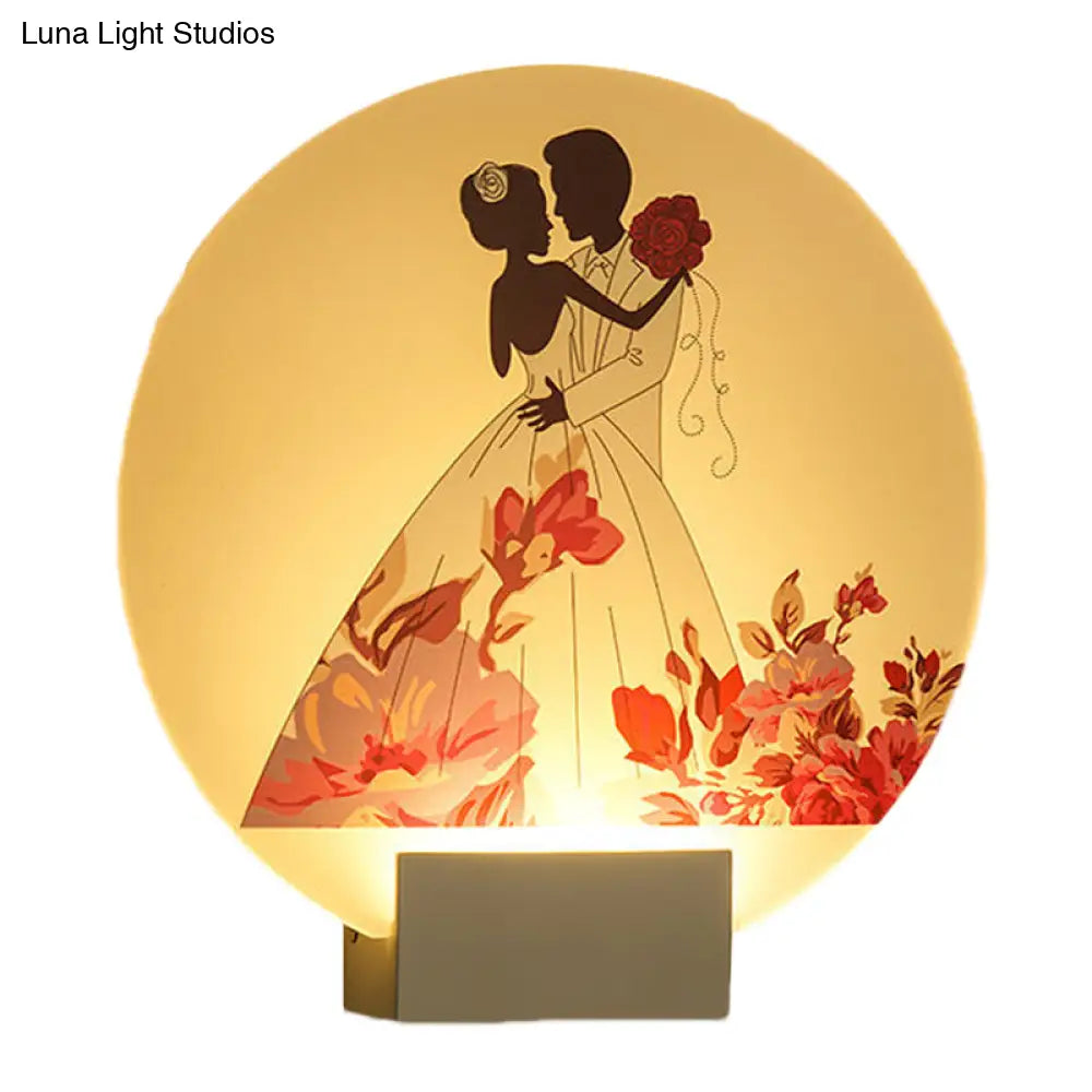 Asia Style Led Acrylic Wall Mural Lamp: Romantic Couple Lighting For Wedding Room - White Circular