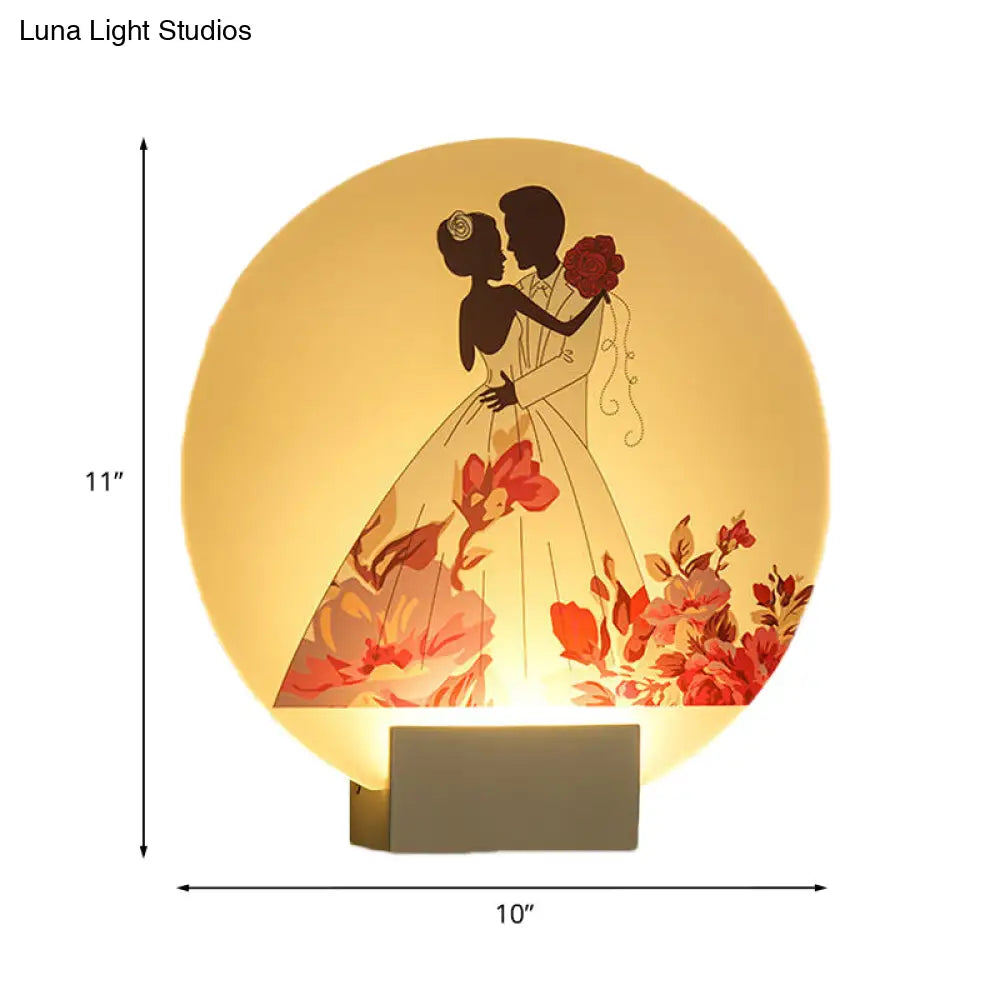 Asia Style Led Acrylic Wall Mural Lamp: Romantic Couple Lighting For Wedding Room - White Circular