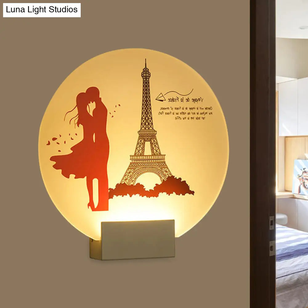 Asia Style Led Acrylic Wall Mural Lamp: Romantic Couple Lighting For Wedding Room - White Circular