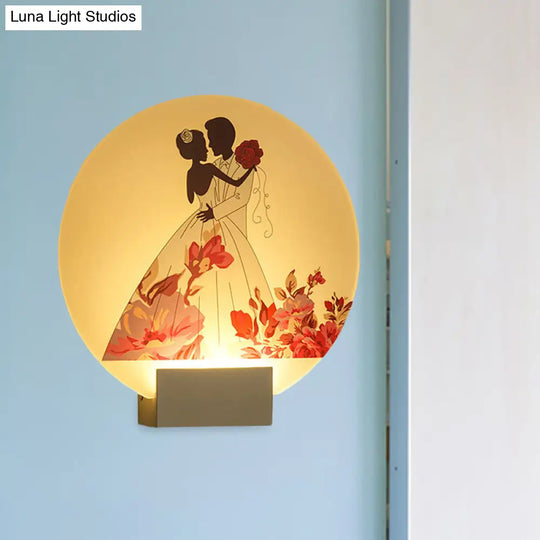 Asia Style Led Acrylic Wall Mural Lamp: Romantic Couple Lighting For Wedding Room - White Circular